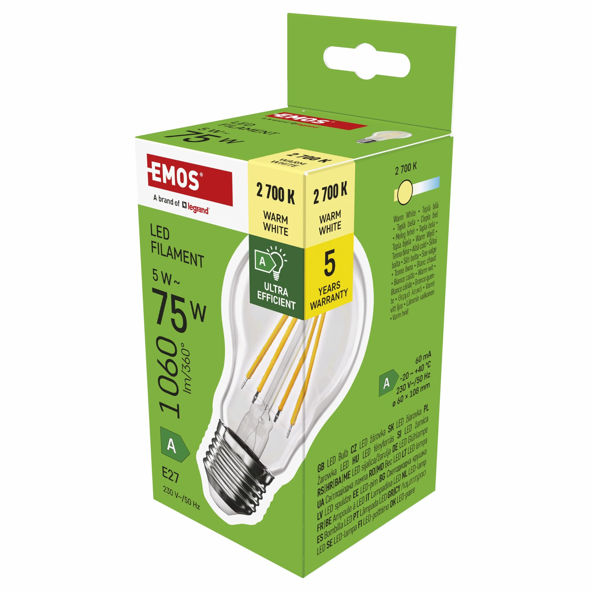 EMOS Lampa LED Edison A60 5W zamiennik żarówki 75W E27 1060 lm 2700 K 50000 h CRI 80 kąt 300°