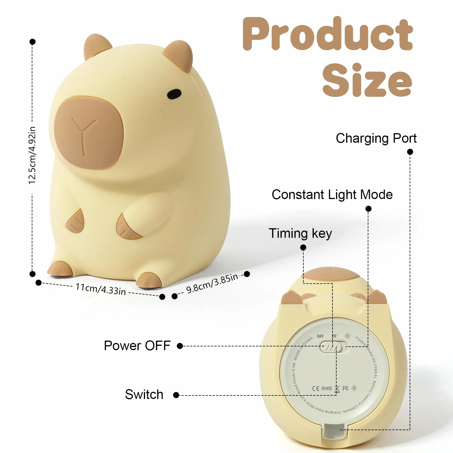 Lampka nocna z kapibarą z funkcją dotykowego sterowania USB i timerem