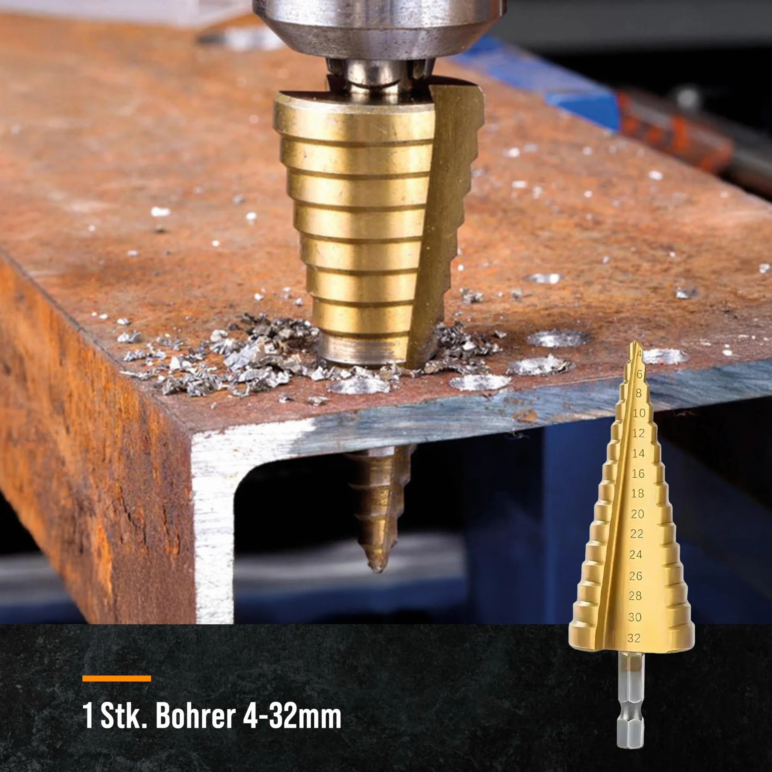 Zestaw 3 wierteł stopniowych HSS 4-32 mm, powlekane tytanem, trzpień sześciokątny 6 mm