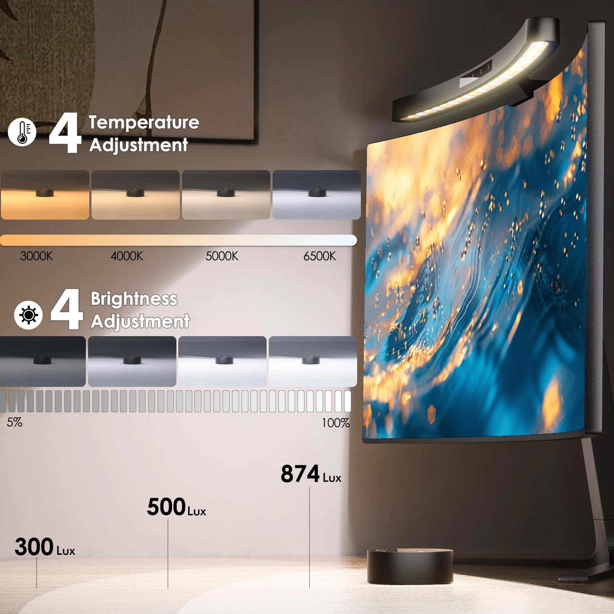 Quntis 45CM zakrzywiona lampa monitora z dotykowym sterowaniem i pilotem, automatyczne ściemnianie, ochrona oczu
