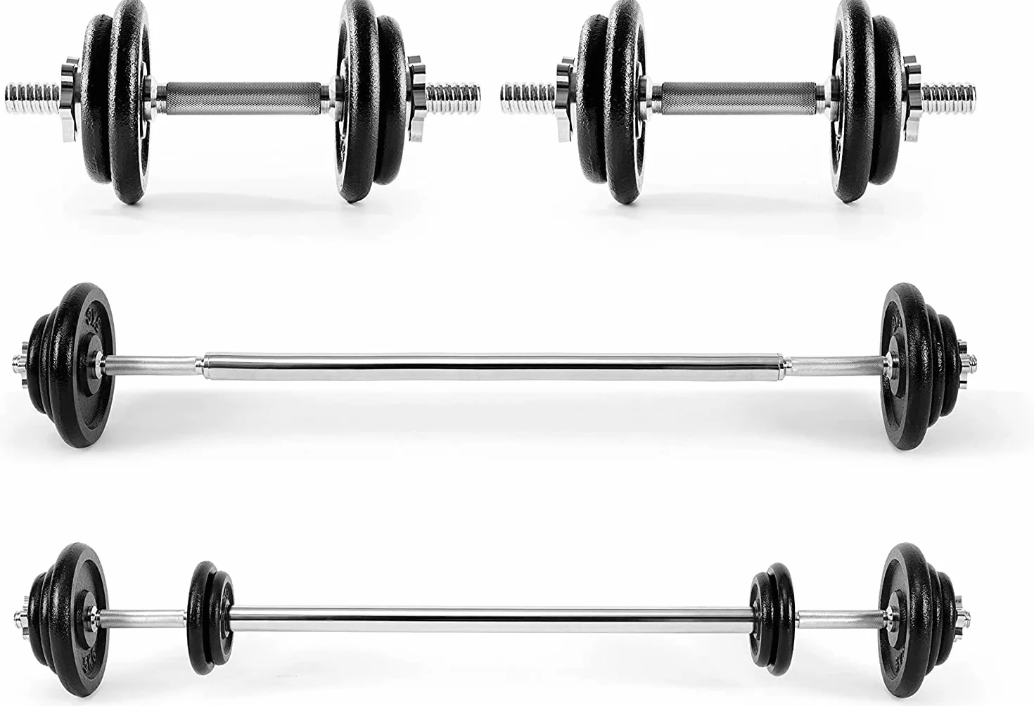 Ultrasport Zestaw hantli 30 kg, niski bar ze sztangą, hantle, sztanga, zestaw ciężarków, ciężarki 30 kg, obciążniki 30 mm, żeliwo, stal, zestaw sztangi, hantle, trening siłowy