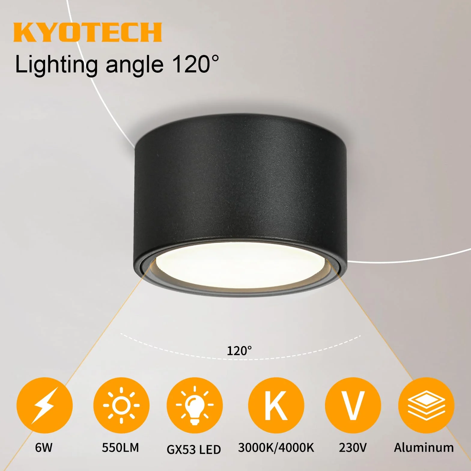 KYOTECH Lampa natynkowa LED czarna – reflektor podtynkowy płaski z 6 W LED GX53 230 V reflektor do zabudowy ciepła biel 3000 K spoty sufitowe natynkowe Ø 95 x 55 mm okrągła lampa sufitowa z aluminium