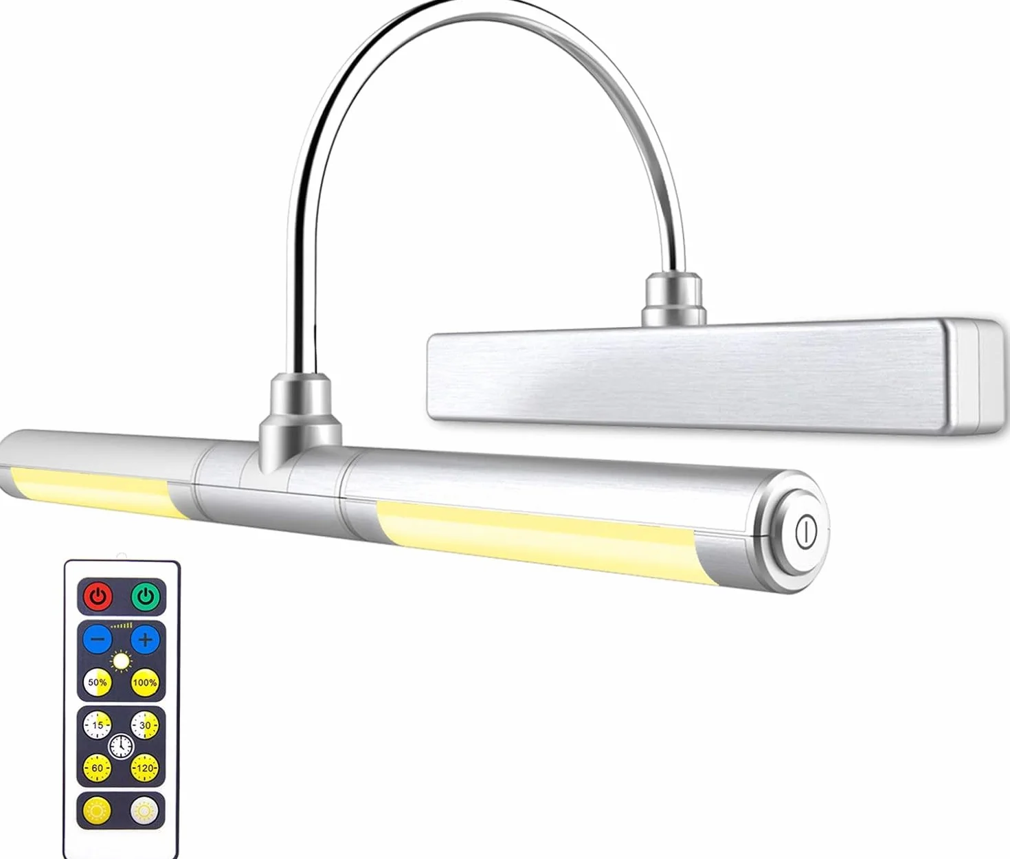 BIGLIGHT Oświetlenie obrazu z pilotem zdalnego sterowania, bezprzewodowe oświetlenie ścienne LED zasilane na baterie, obracana głowica świetlna 33 cm, 3 tryby oświetlenia, ściemniane światło do zdjęć tarczy rzutek - srebrny