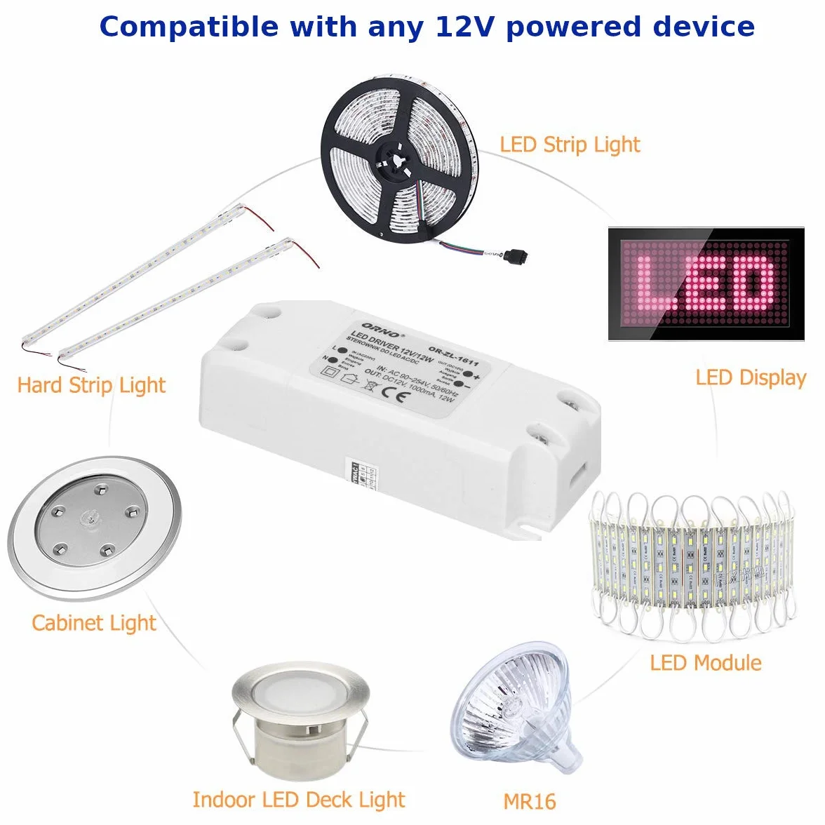 Orno Transformator 12 V (90 VAC-254VAC do 12 VDC) do żarówek LED G4 MR11 MR16 GU5.3 LED (6W-50W), IP20 (12W)