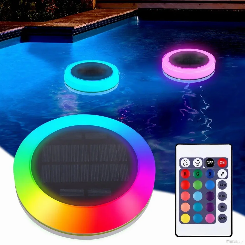 Pływające lampy solarne RGB, oświetlenie basenu, oświetlenie stawu, podwodne światło z pilotem zdalnego sterowania, wodoszczelność IP68, do ogrodu, na zewnątrz, na lato, na imprezę (A)