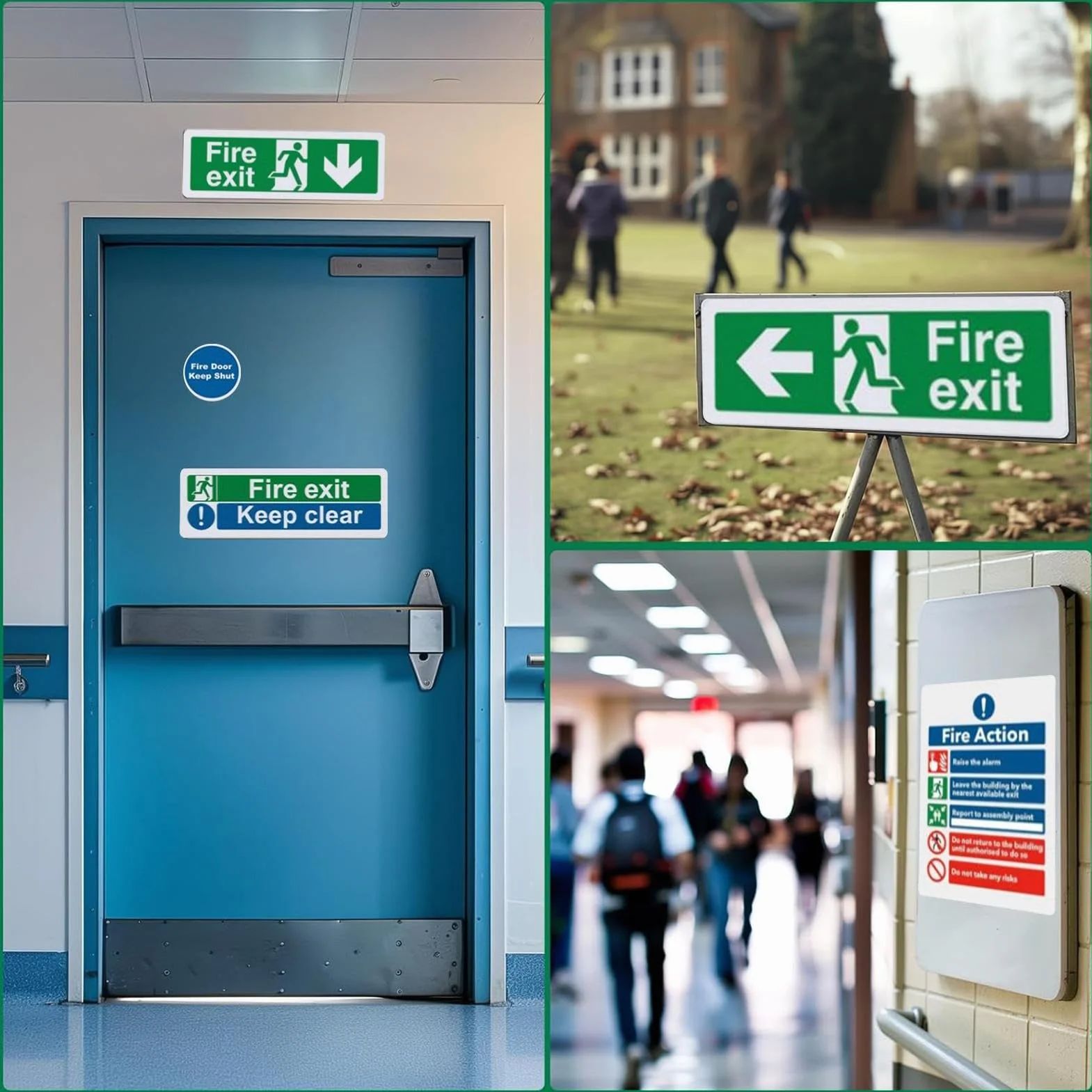 Znak Fire Exit, zestaw naklejek samoprzylepnych, 21 x duża czcionka, człowiek biegnący prawo, znaki bezpieczeństwa
