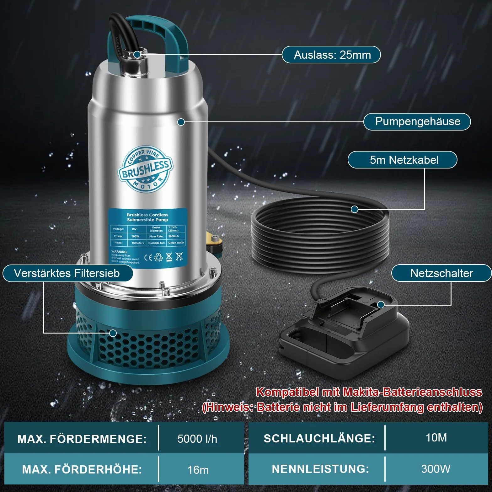 Pompa zanurzeniowa kompatybilna z akumulatorem Makita 18V (bez baterii) – 5000L/H Bezprzewodowa pompa wodna z 10m wężem, 5m kablem połączeniowym – Idealna do basenu, łóżeczka wodnego, nawadniania