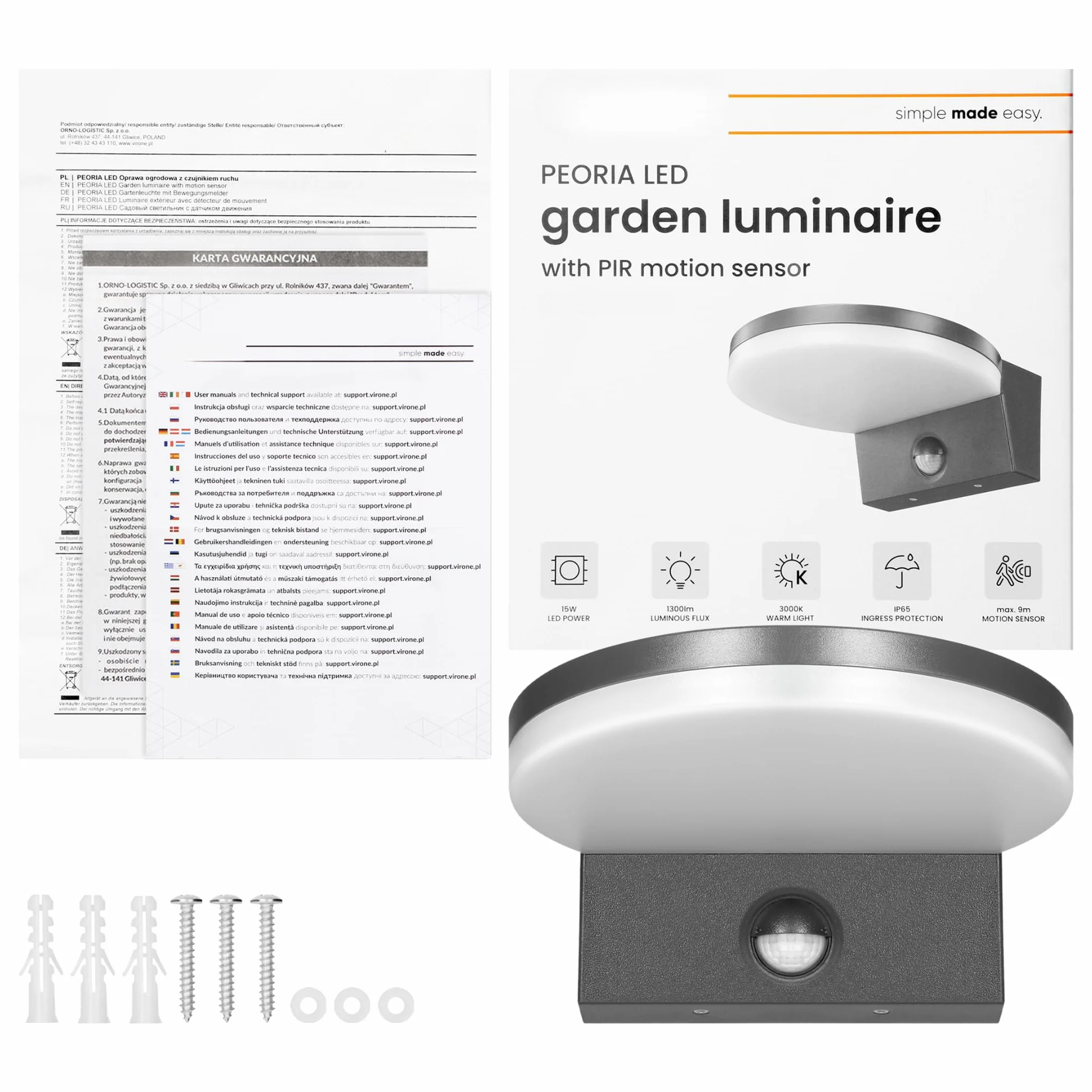 Lampa Zewnętrzna LED z Czujnikiem Ruchu PIR 3000K 1300lm Szeroki kąt >80° IP65