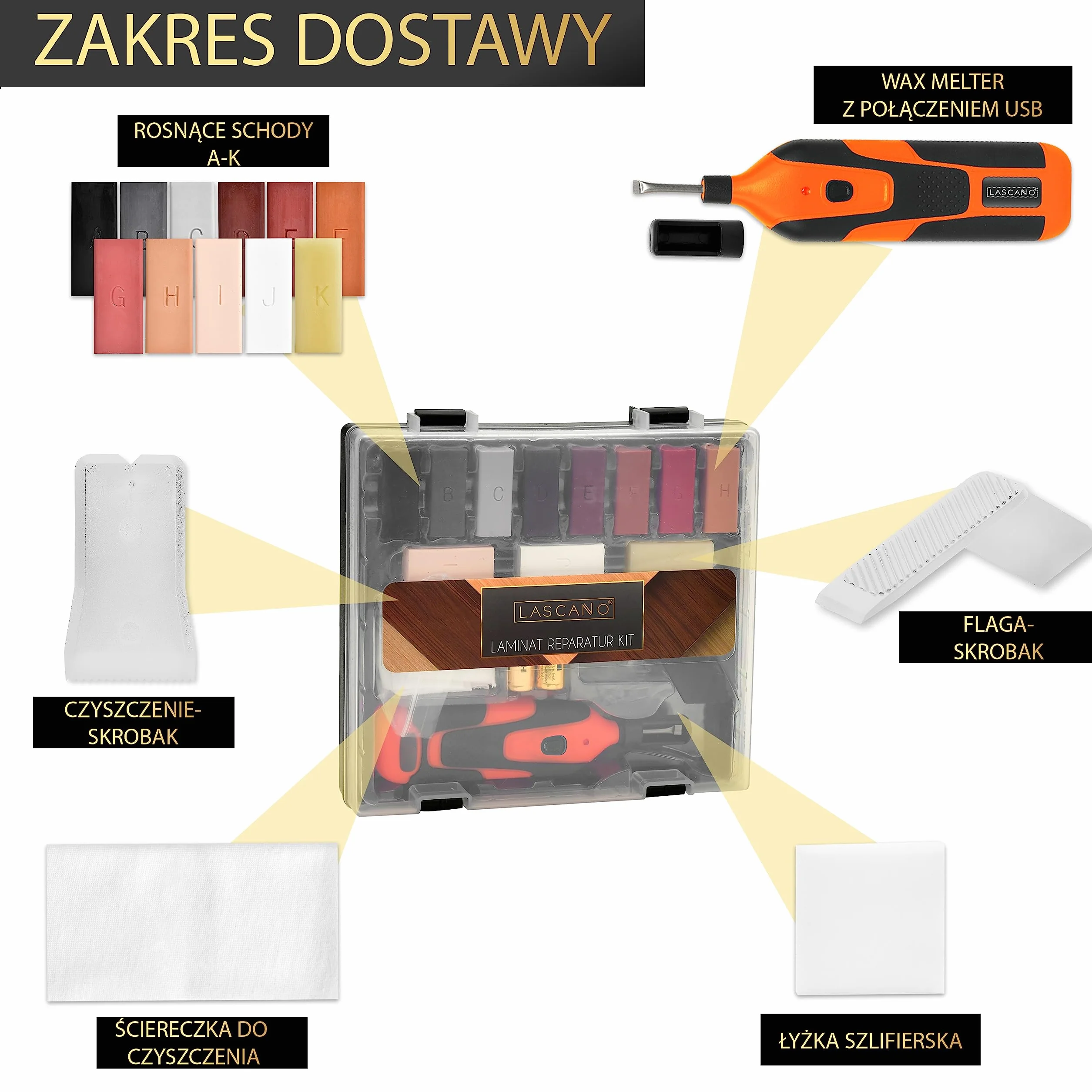 Lascano Zestaw do naprawy laminatów Topielnik do wosku USB Szpachlówka do drewna 11 sztyftów twardego wosku