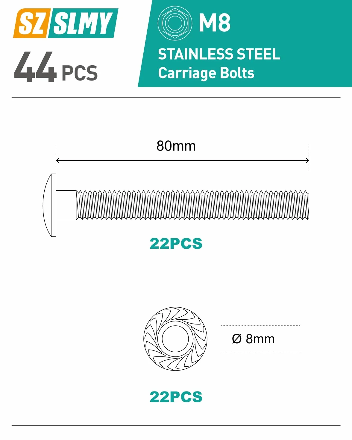 Śruby ze stali nierdzewnej M8 x 80 mm z płaskim okrągłym łbem Zestaw 44 szt.