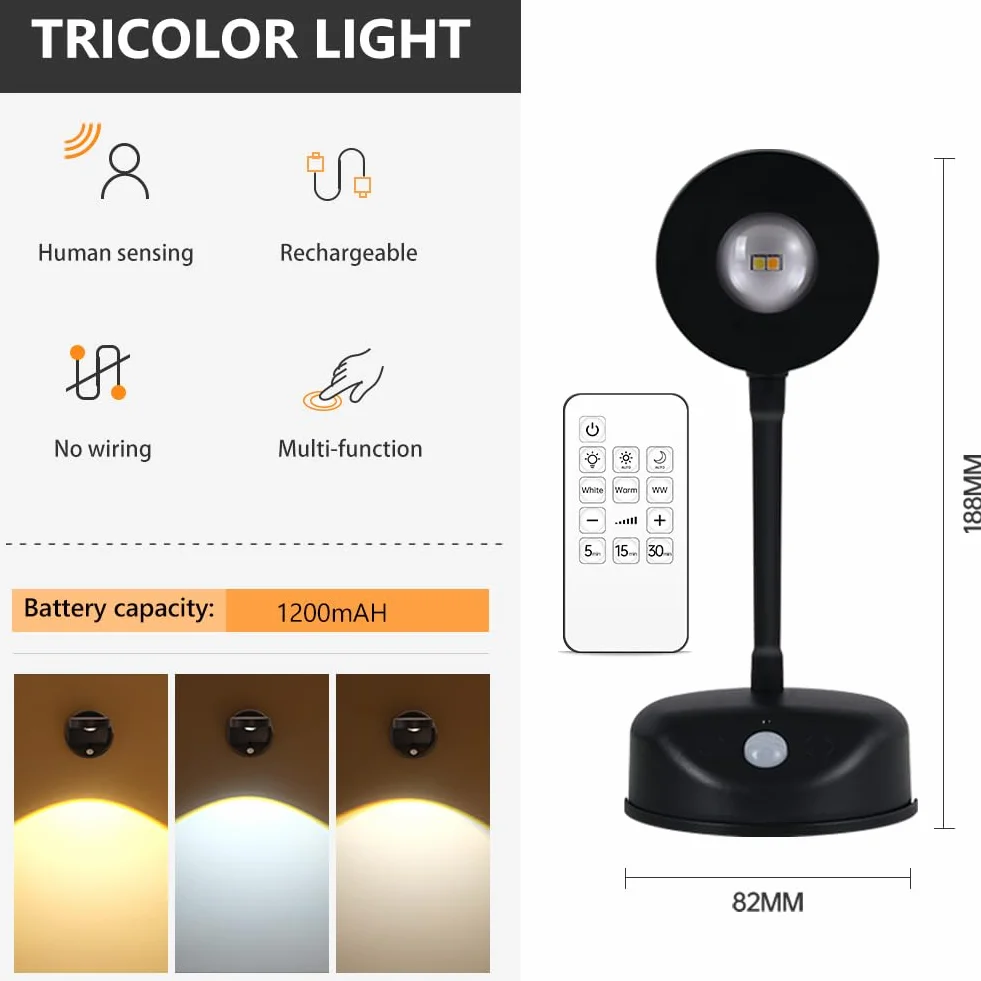 Vicloon Kinkiet LED ścienny z pilotem, 3 tryby kolorów, obracany 360°, ładowalny USB, czarny