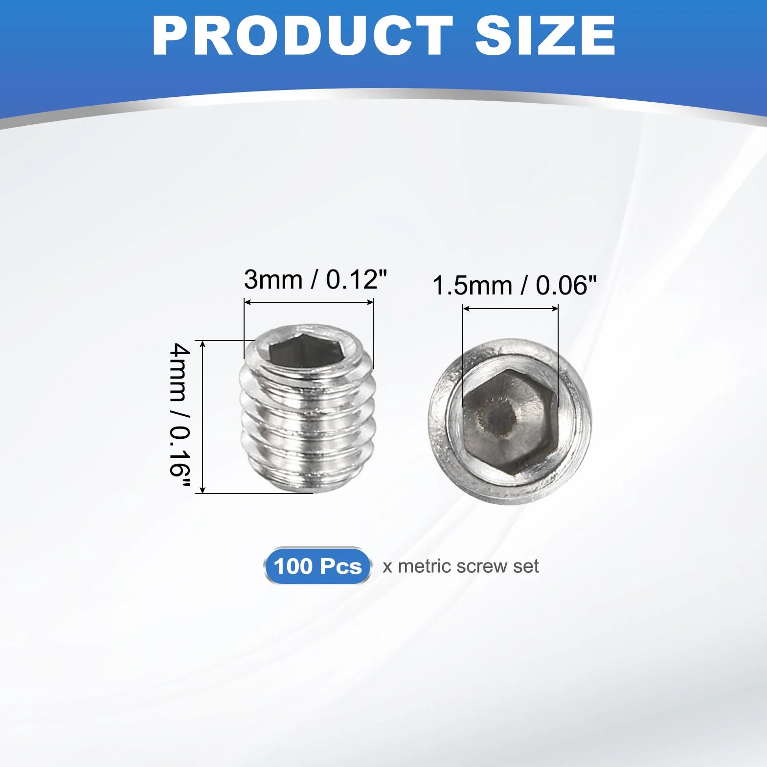 PATIKIL 100 sztuk śrub bez łba sześciokątnego M3 x 4 mm ze stali nierdzewnej 304