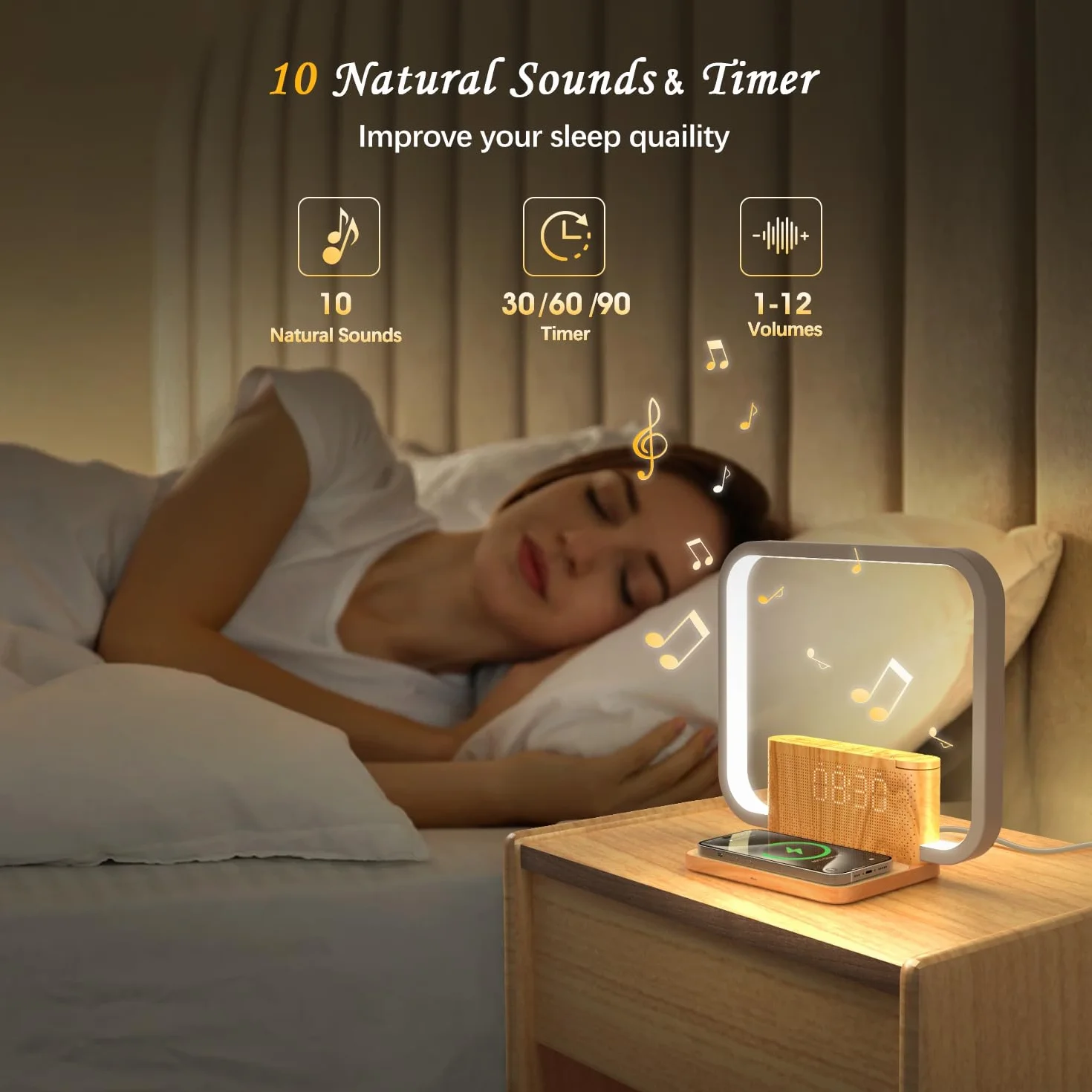 Budzik wschodu słońca, światło budzenia, z 2 alarmami, 10 naturalnych dźwięków z 12 głośnościami, drzemka 9 min, lampka nocna do sypialni, regulowany ekran czasu (kolor drewna 2)
