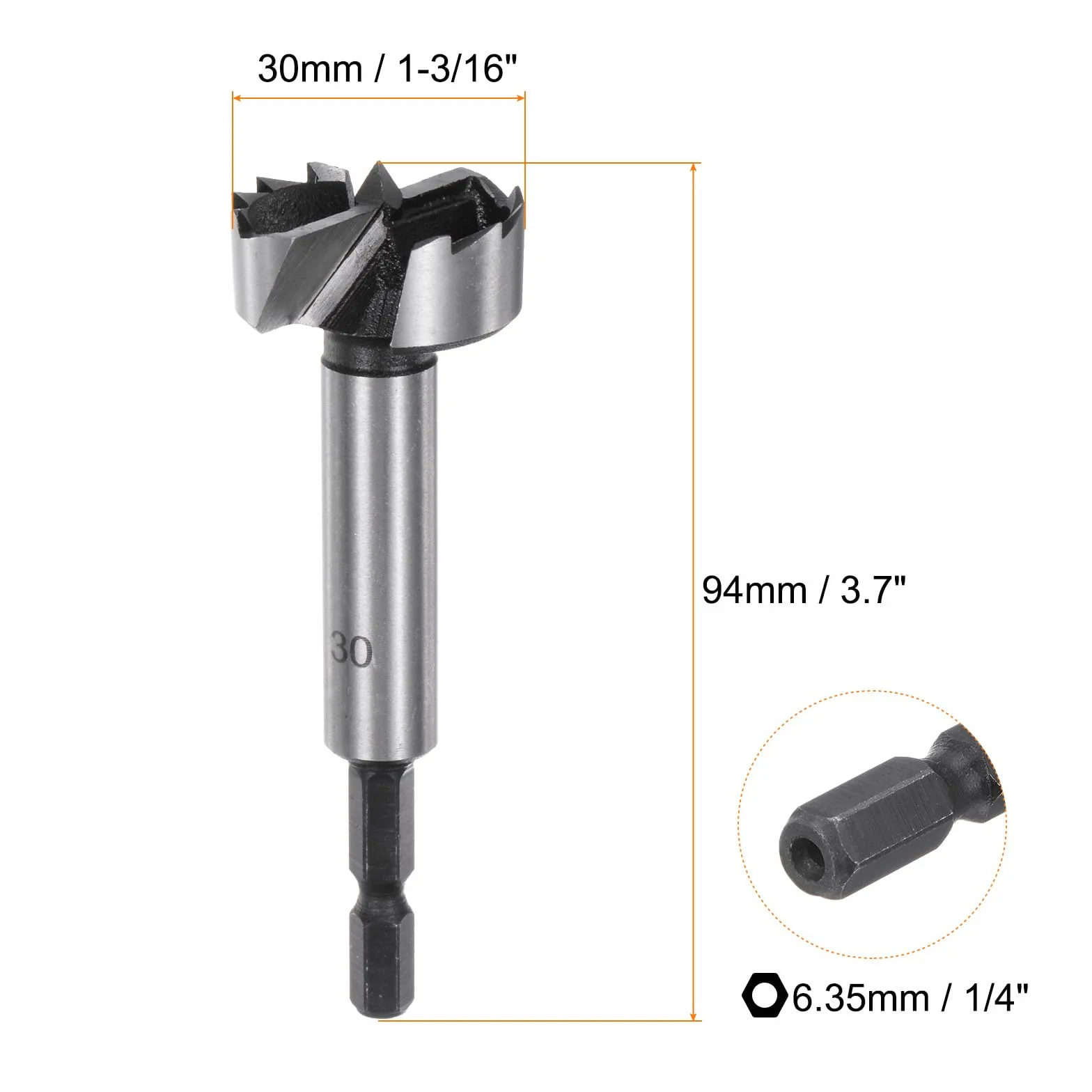 Wiertło Forstnera 1-3/16" (30 mm) stal węglowa wielozębowe do drewna frez do zawiasów 1/4" twarde drewno sklejka