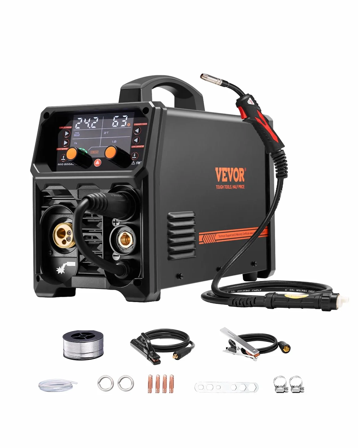 VEVOR Spawarka MIG 200 A Synergiczna Przenośna Gazowa Bezgazowa MMA 5 w 1 Inverter IGBT Wyświetlacz LCD