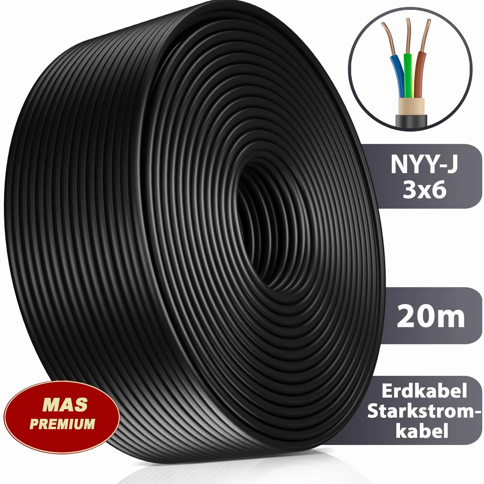 MAS-Premium® NYY-J 3x6 mm² 20 m Ziemny Kabel Elektryczny Zasilający