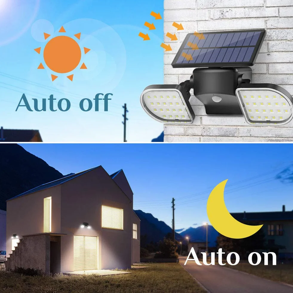 OUSFOT Zewnętrzne Solarne Lampy Ogrodowe 2200 mAh IP65 Zewnętrzne Lampy Ścienne z Czujnikiem Ruchu 360° Regulowany Zewnętrzne Światła