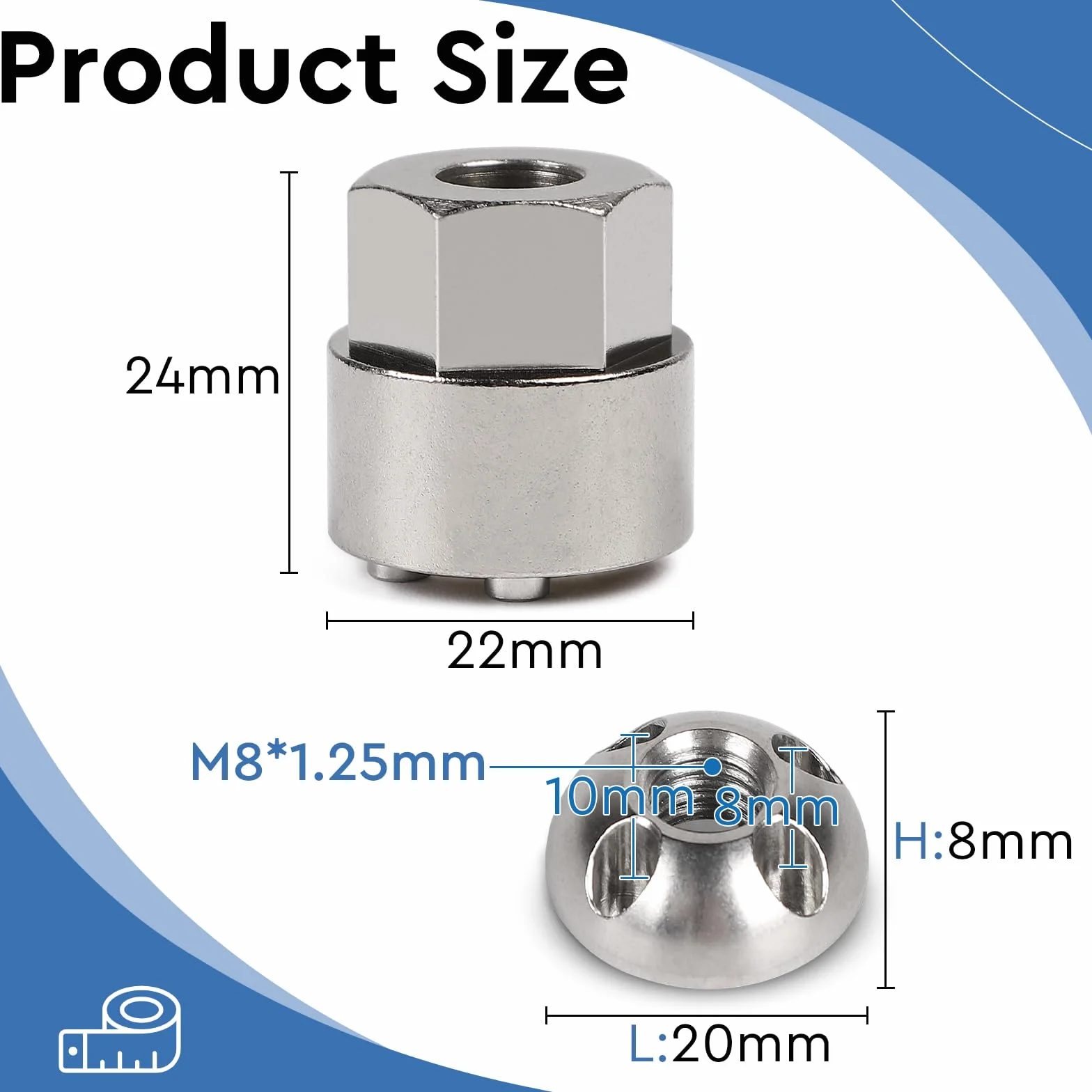 EFUTURETIME 8 x nakrętki przeciwkradzieżowe M8 x 1,25 mm Ochrona przed kradzieżą 4-otworowa nakrętka bezpieczeństwa ze stali nierdzewnej 303 z 1 nakrętką