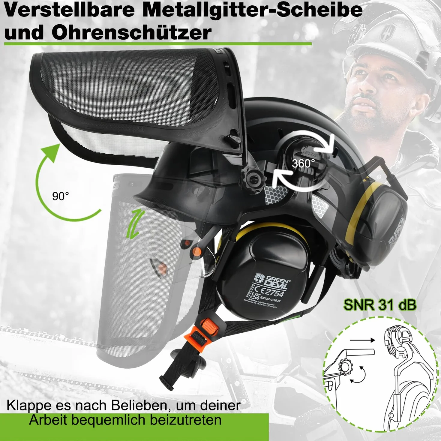 GREEN DEVIL Kask ochronny do piły łańcuchowej EN397 5 w 1 z osłoną twarzy wizjer nauszniki wentylowany