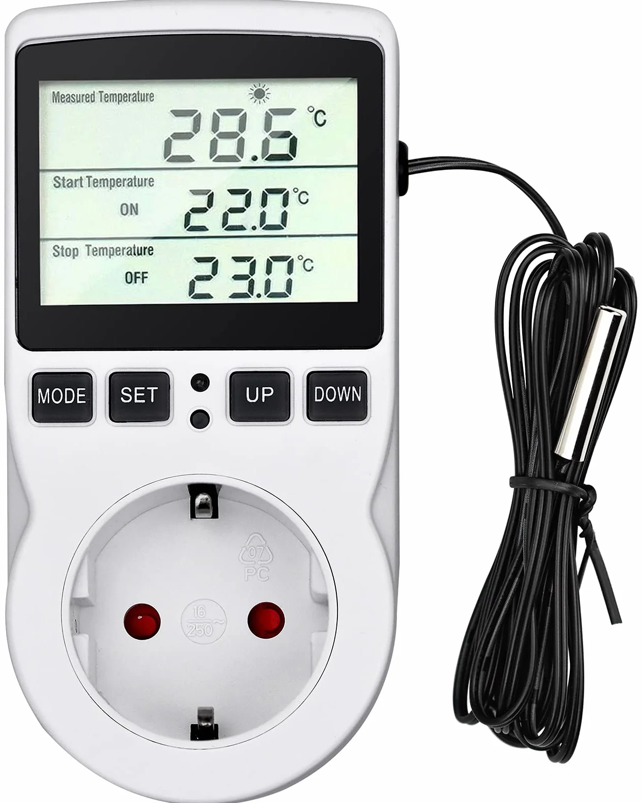 Regulator temperatury 230 V, termostat cyfrowy z czujnikiem temperatury, wtyczkowy do sterowania ogrzewaniem i chłodzeniem