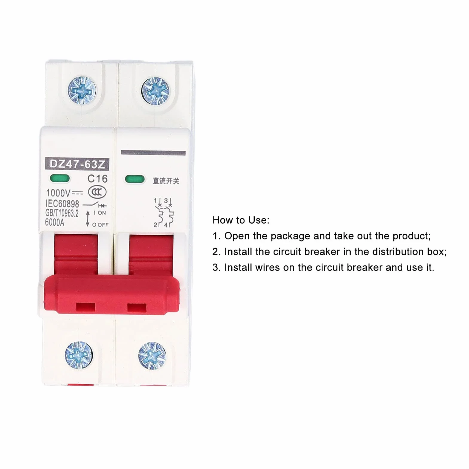 Miniwyłącznik 2P 16A DC 1000V DC DZ47-63Z odłącznik izolator system solarny fotowoltaiczny szyna DIN