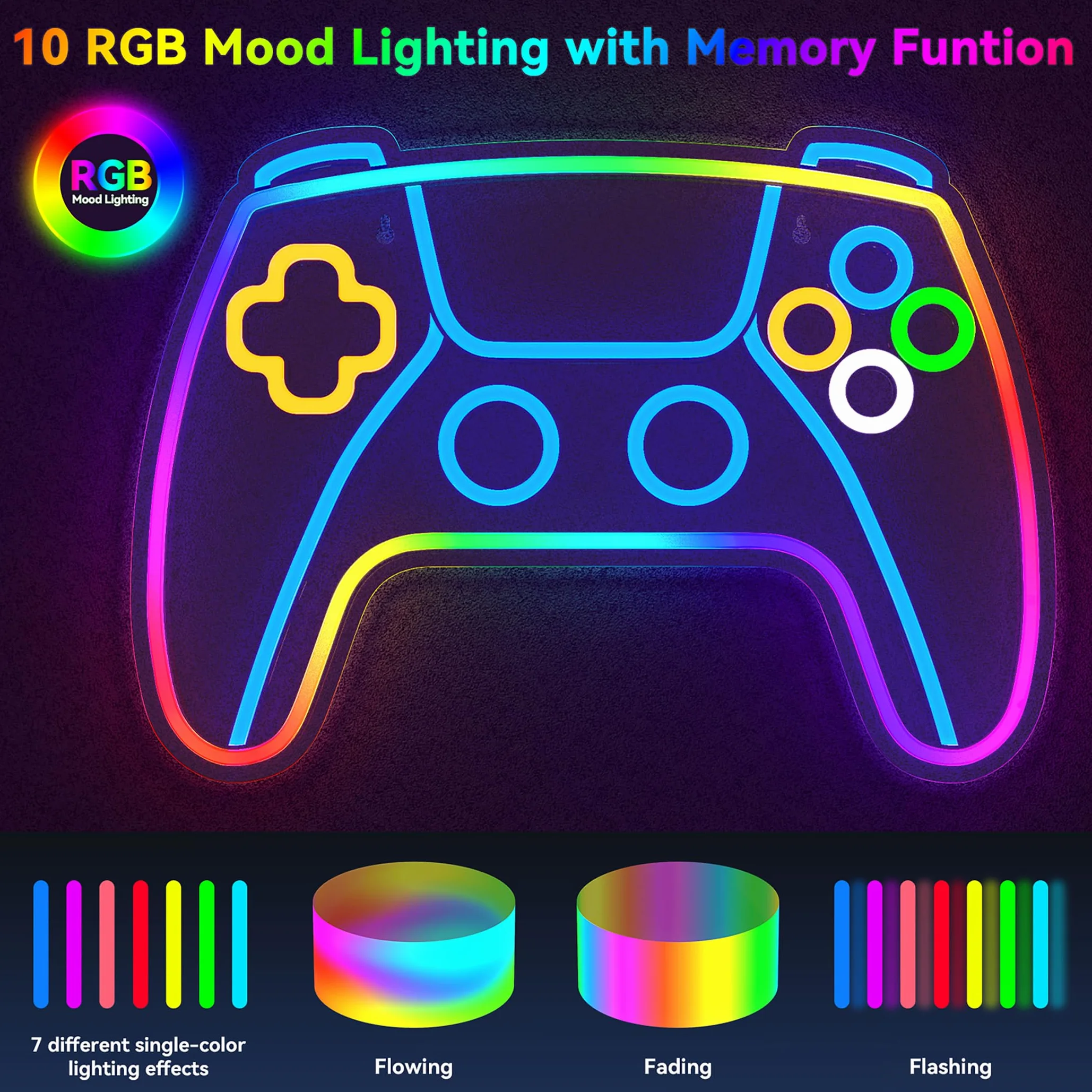 Neonowy znak gamingowy Kosker KO-P5273 LED RGB, dekoracja ścienna w kształcie gamepada, 9 świateł