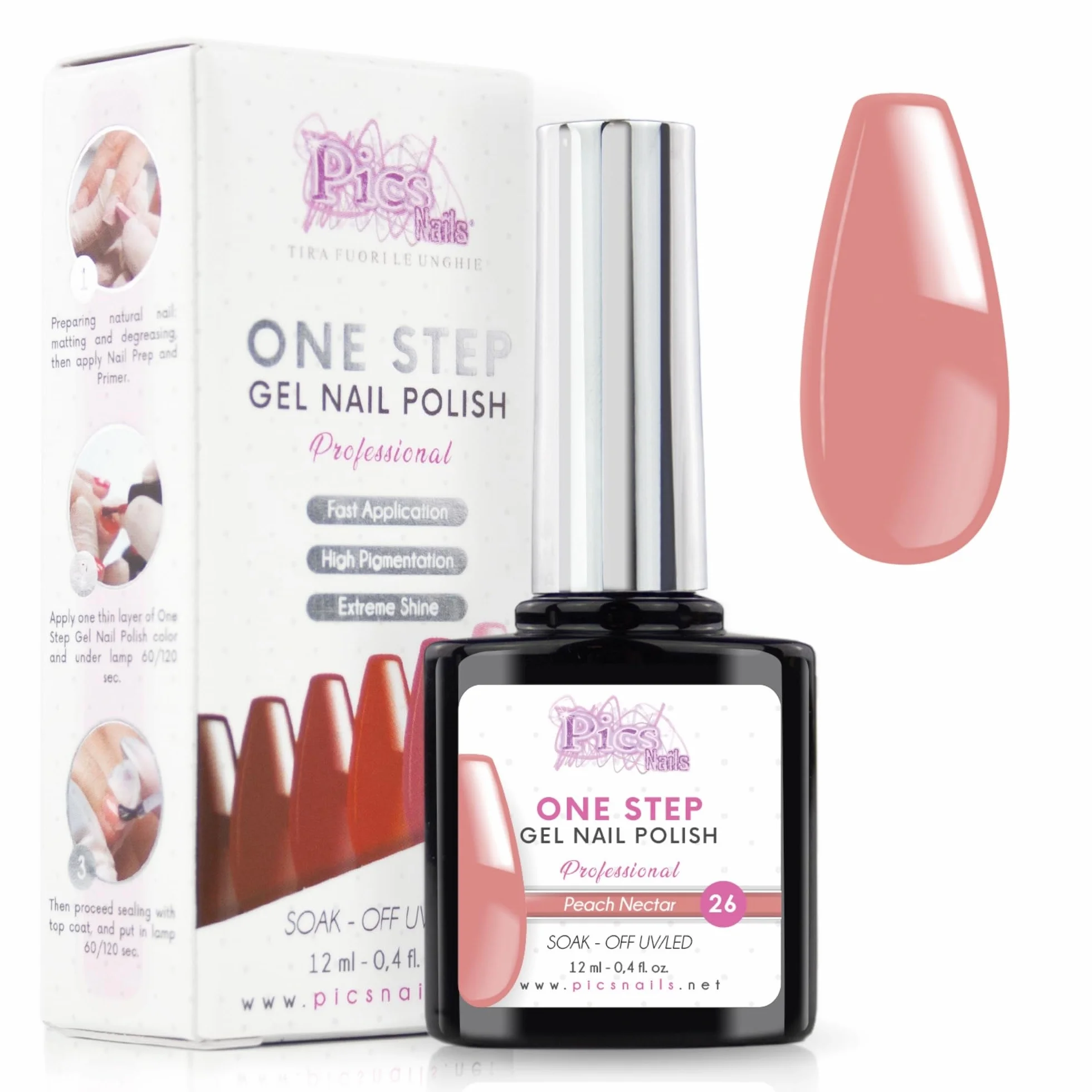 Lakier do paznokci One Step Gel Polish UV/LED 12 ml - Lakier żelowy - Natychmiastowy połysk paznokci z lub bez bazy i top coat (26. Nektar Brzoskwiniowy, 12 ml)