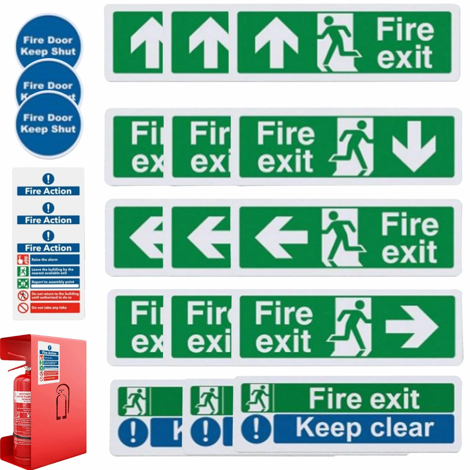 Znak Fire Exit, zestaw naklejek samoprzylepnych, 21 x duża czcionka, człowiek biegnący prawo, znaki bezpieczeństwa