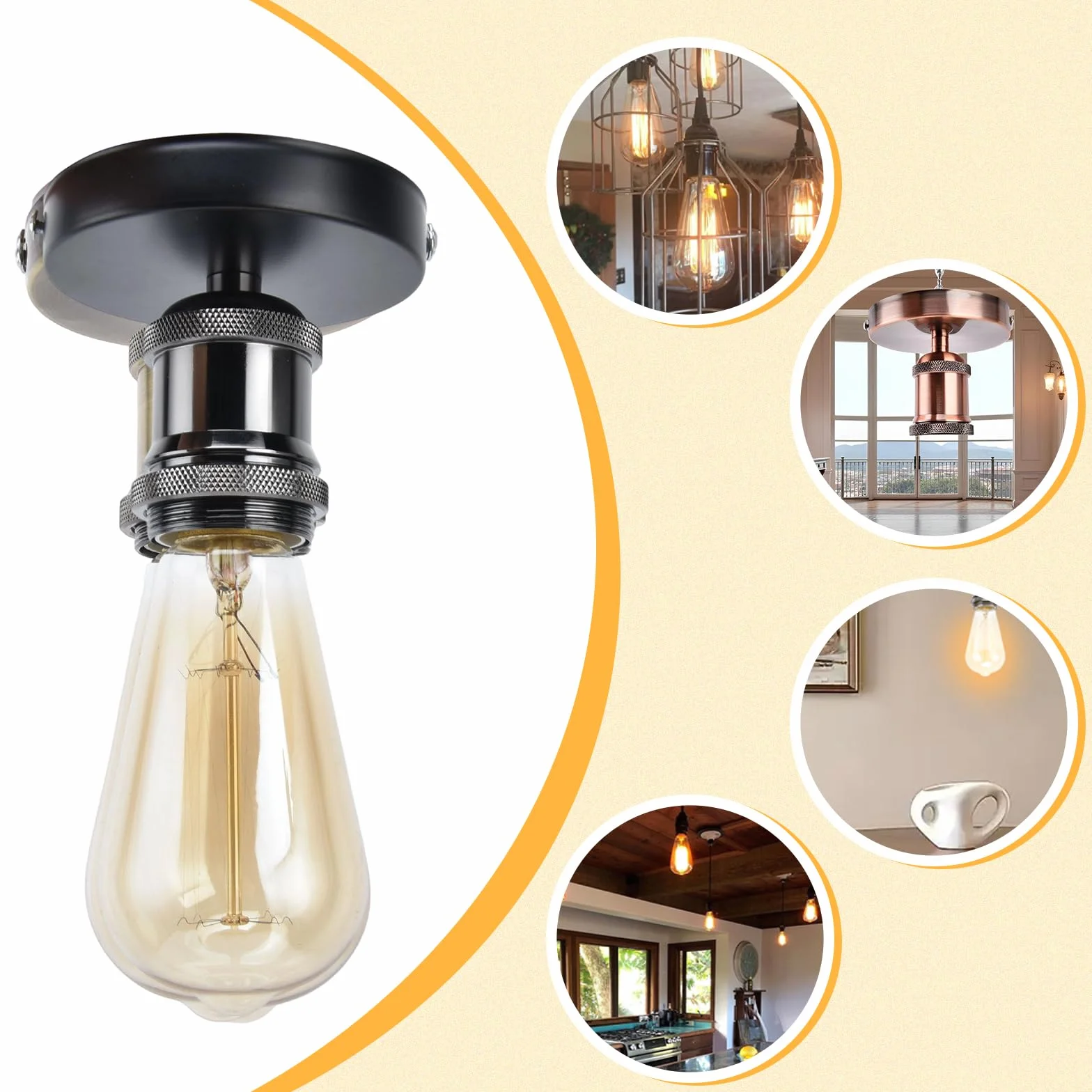 Oprawka do lampy sufitowej, Vintage E26 E27 Gniazdo lampy Oprawka do lampy sufitowej Gniazdo żarówki z akcesoriami do kuchni Sypialnia Oświetlenie i dekoracja pokoju dziennego (black)