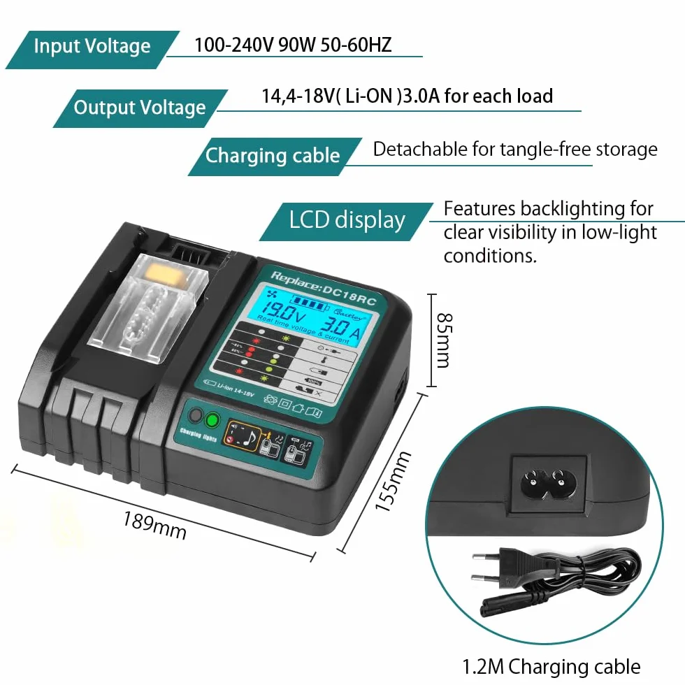 Powarobor DC18RC Szybka ładowarka 3A z wyświetlaczem LCD 14,4V-18V