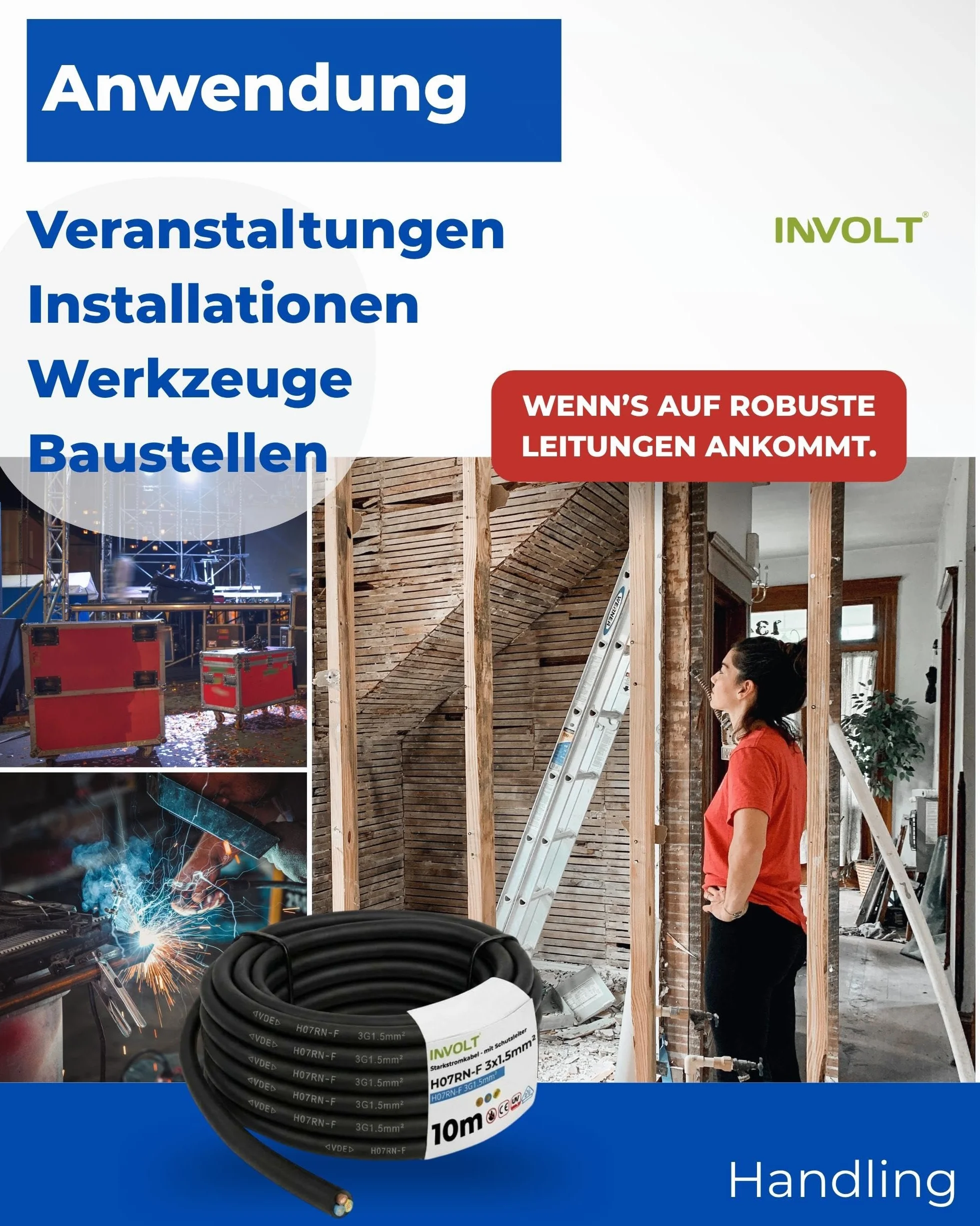 INVOLT 10 m H07RN-F 3G1,5 mm² kabel przedłużający CEE, elastyczny kabel gumowy z przewodem ochronnym, na zewnątrz, na placach budowy, certyfikat VDE