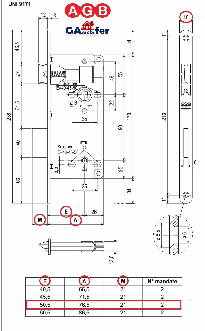Blokada do drzwi wewnętrznych wpuszczanych AGB PATENT DUŻY 18x238 mm W.90 En.50