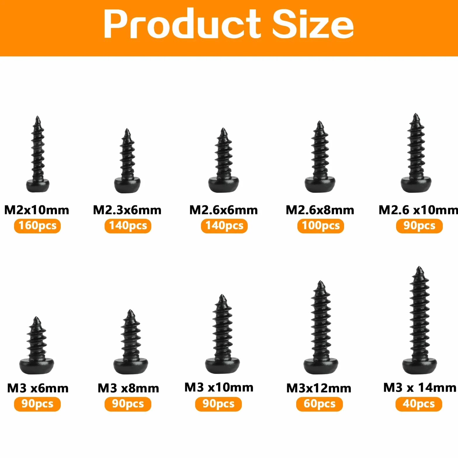 Wkręty Samowiercące TORX M2 M2,3 M2,6 M3 Czarny Zestaw 1000 Sztuk