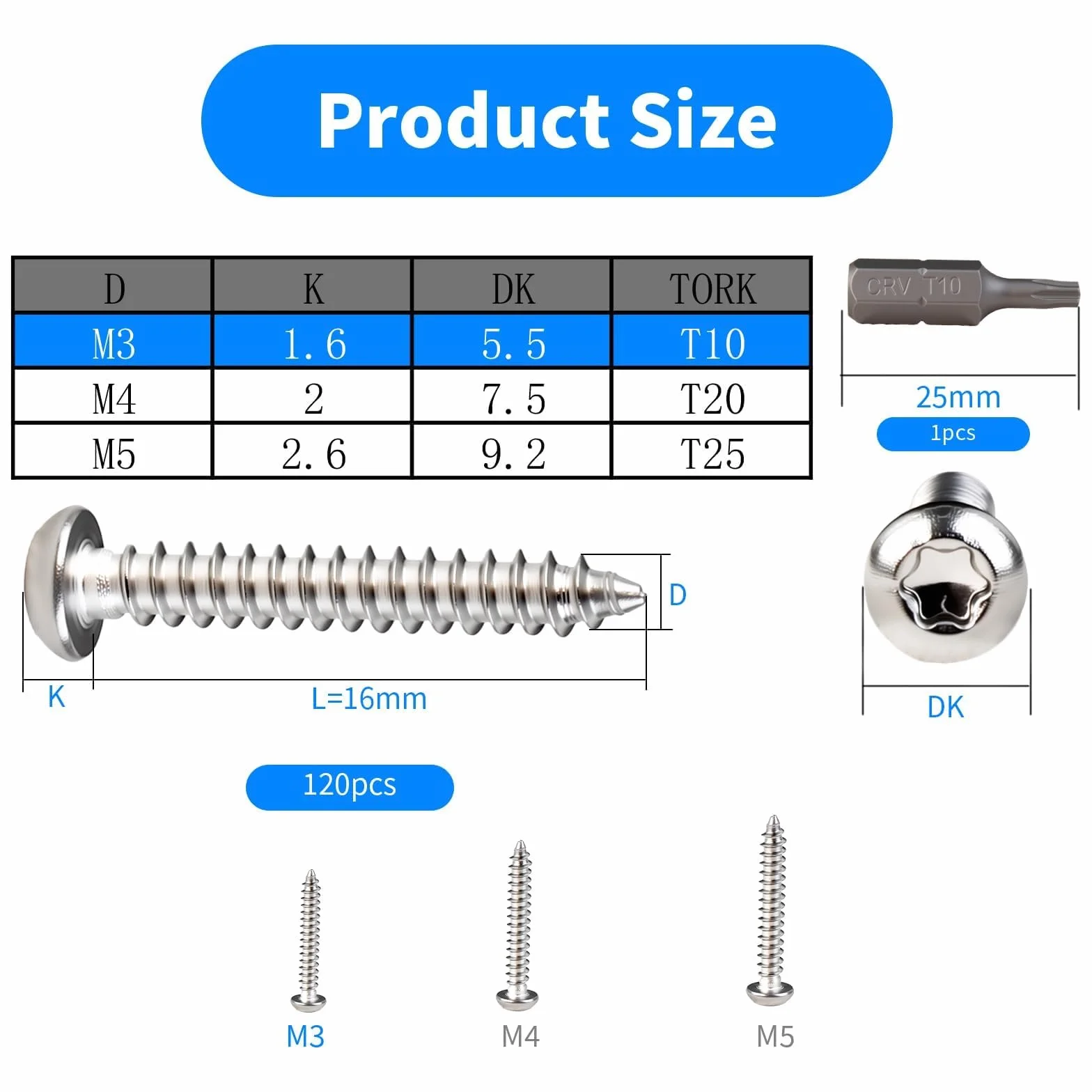 Wkręty samogwintujące ze stali nierdzewnej 304, śruby z łbem płaskim M3 x 16 mm, 120 sztuk