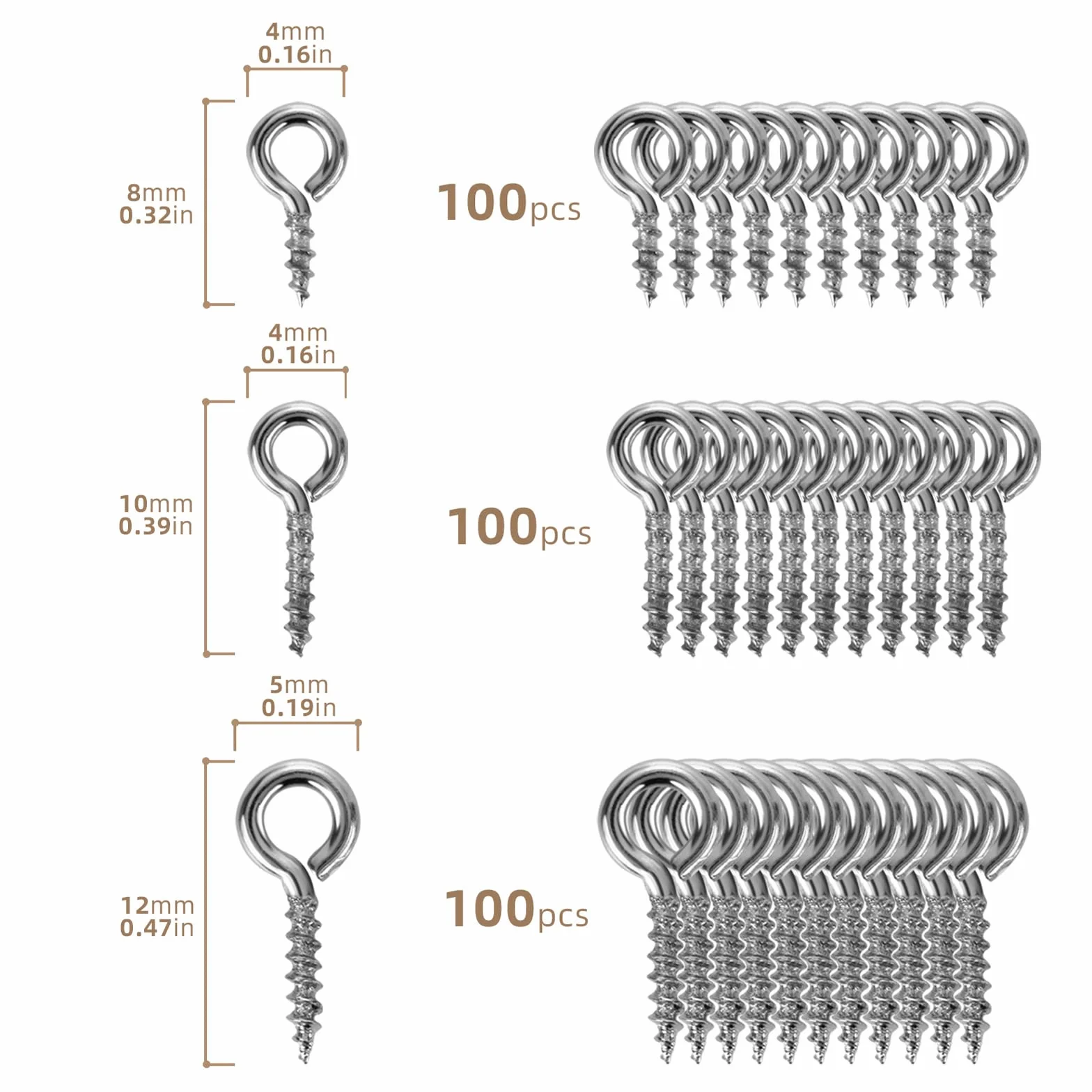 Śruby oczkowe ze stali nierdzewnej 300 sztuk, do drewna DIY biżuteria meble (12, 10, 8 mm)