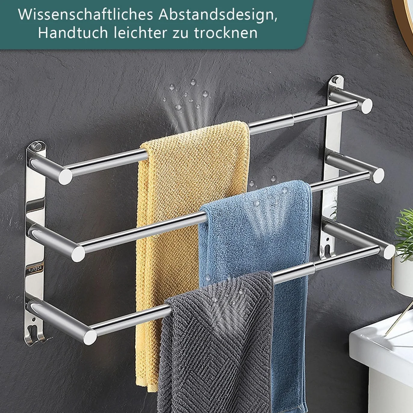 Wieszak na ręczniki bez wiercenia wysuwany 43-78 cm 3-warstwowa stal nierdzewna 2 haczyki srebrny