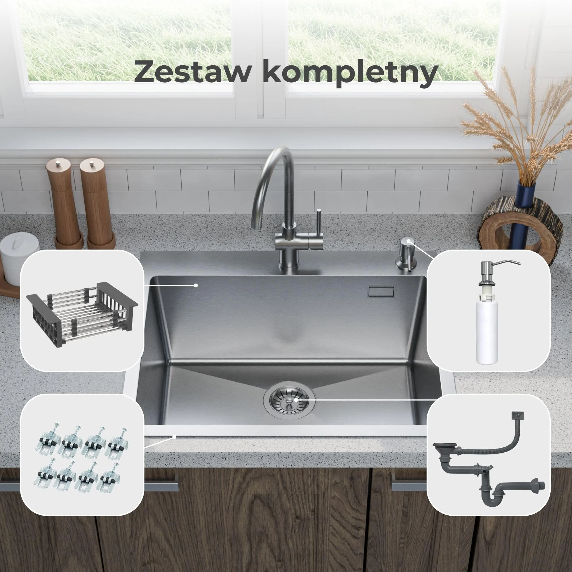 ANW HOME Zlewozmywak kuchenny 60x50 cm stal nierdzewna 304 2 otwory na kran z syfonem ociekaczem dozownikiem mydła 350 ml