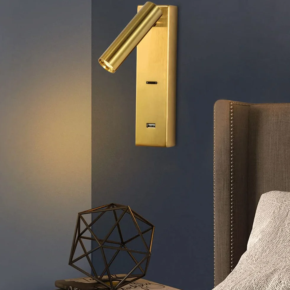 Złoty kinkiet do czytania przy łóżku, mini metalowy kinkiet ścienny z portem USB, regulowany kinkiet 350°+90°, nowoczesne kinkiety LED, minimalistyczne kinkiety oświetleniowe
