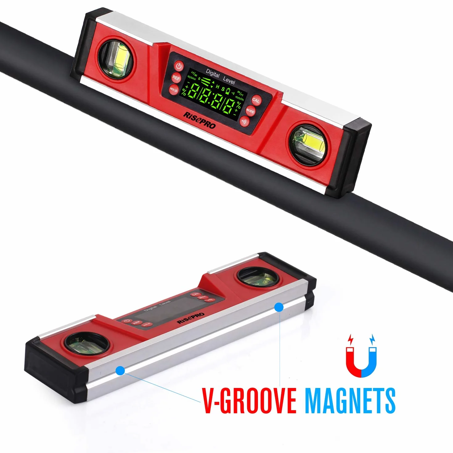 RISEPRO Cyfrowy poziom magnetyczny i kątomierz 10-calowy elektroniczny inklinometr IP54 z dużym wyświetlaczem VA i podstawą z rowkiem V DL135N