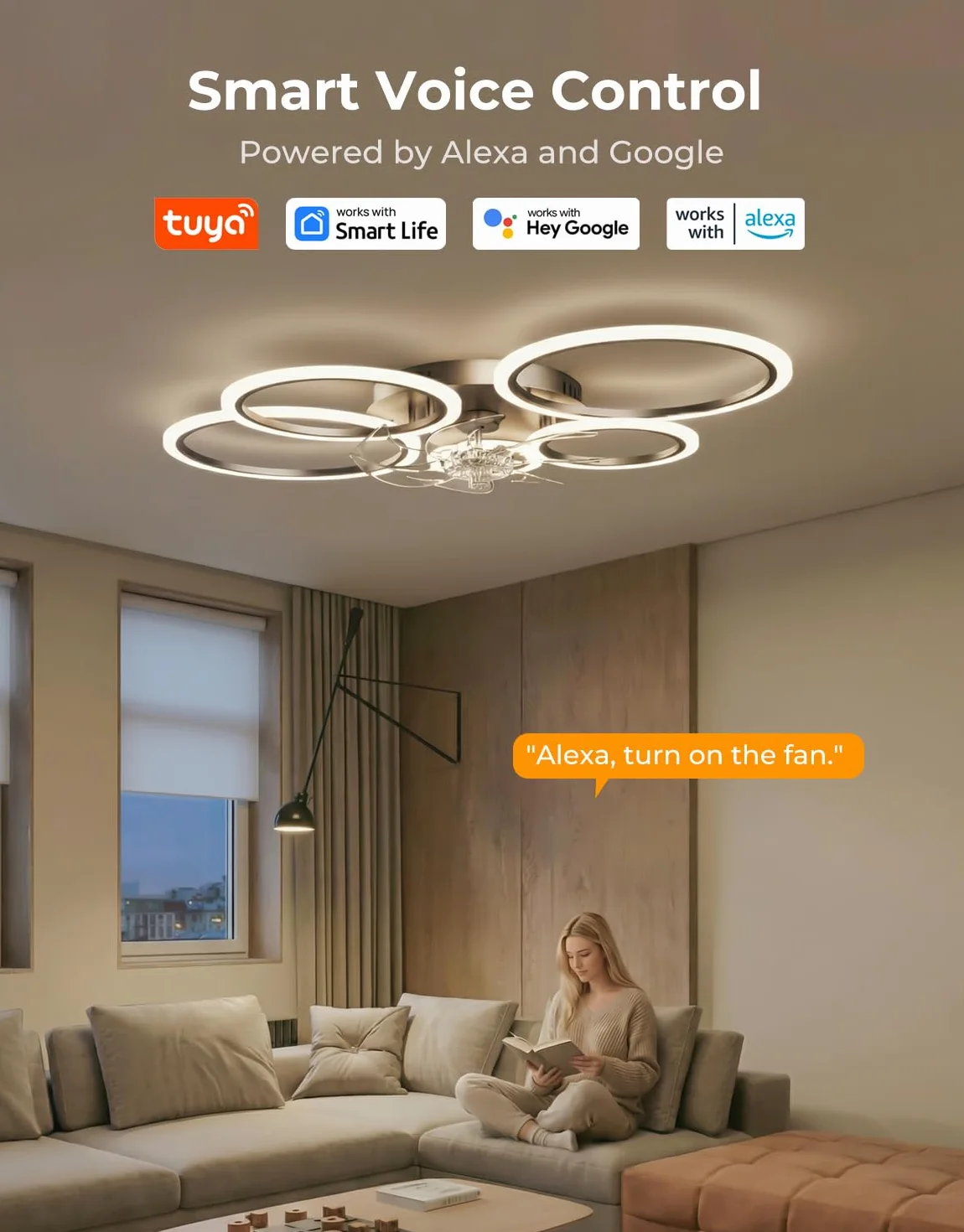 Wentylator sufitowy LED z silnikiem DC, kompatybilny z Alexa, Asystent Google, 6 prędkości, ściemnianie, tryb letni/zimowy