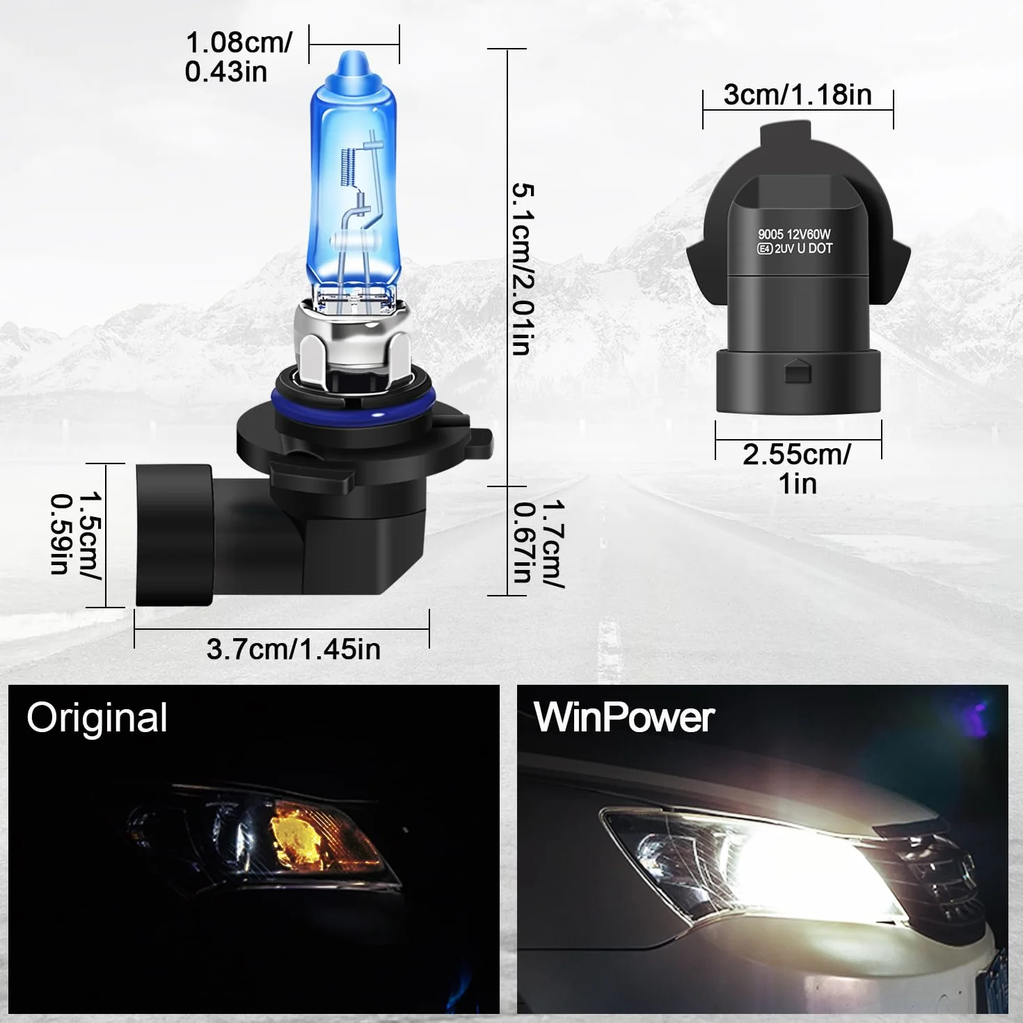 WinPower HB3 9005 halogenowe żarówki 60W 5000K ciepła biała 12V Auto światła przeciwmgielne 2 sztuki