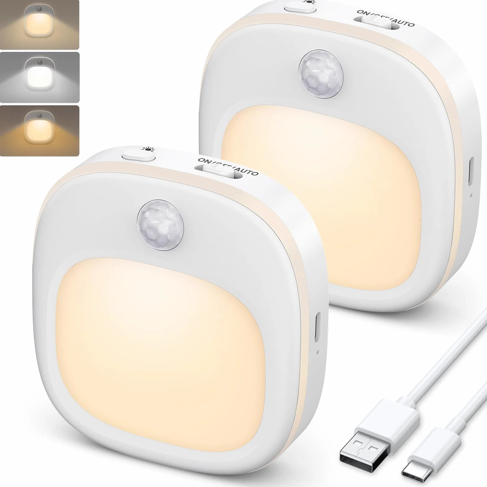 Lampki Nocne, [2 Sztuki] Ladowana Przez USB, 3 Kolory Lampki Nocne Led z Czujnikiem Ruchu, 15%-100% Sciemniania, Lampki Nocne dla Dzieci na Schody, Korytarz, Pokój Dziecięcy, Sypialnię