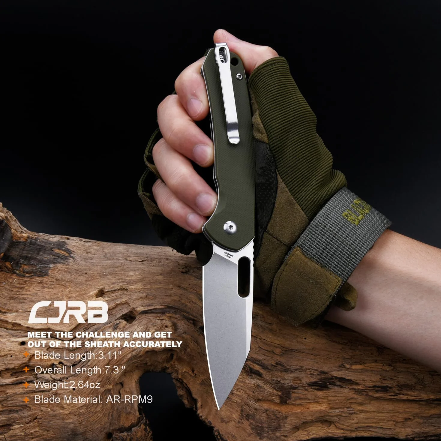CJRB Pyrite-Alt J1925A składany scyzoryk 7 cm ostrze AR-RPM9 Wharncliffe zielony uchwyt G10 zapięcie na guziki