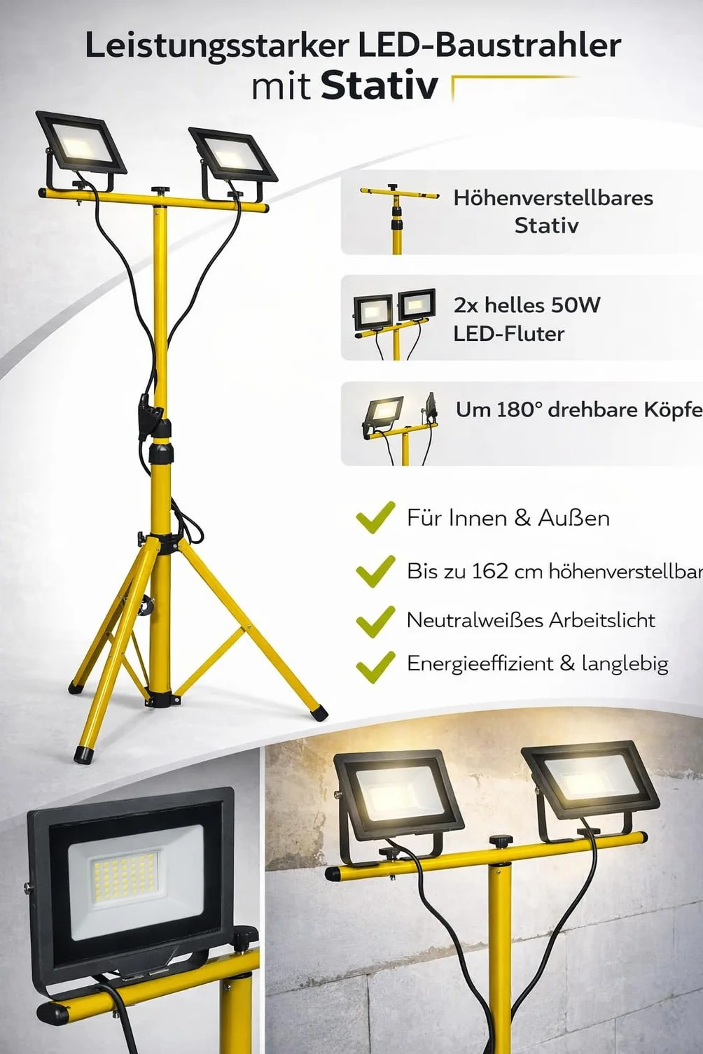 Latrans Reflektor budowlany LED 100W podwójny 2x50W 4000K 5m lampa robocza
