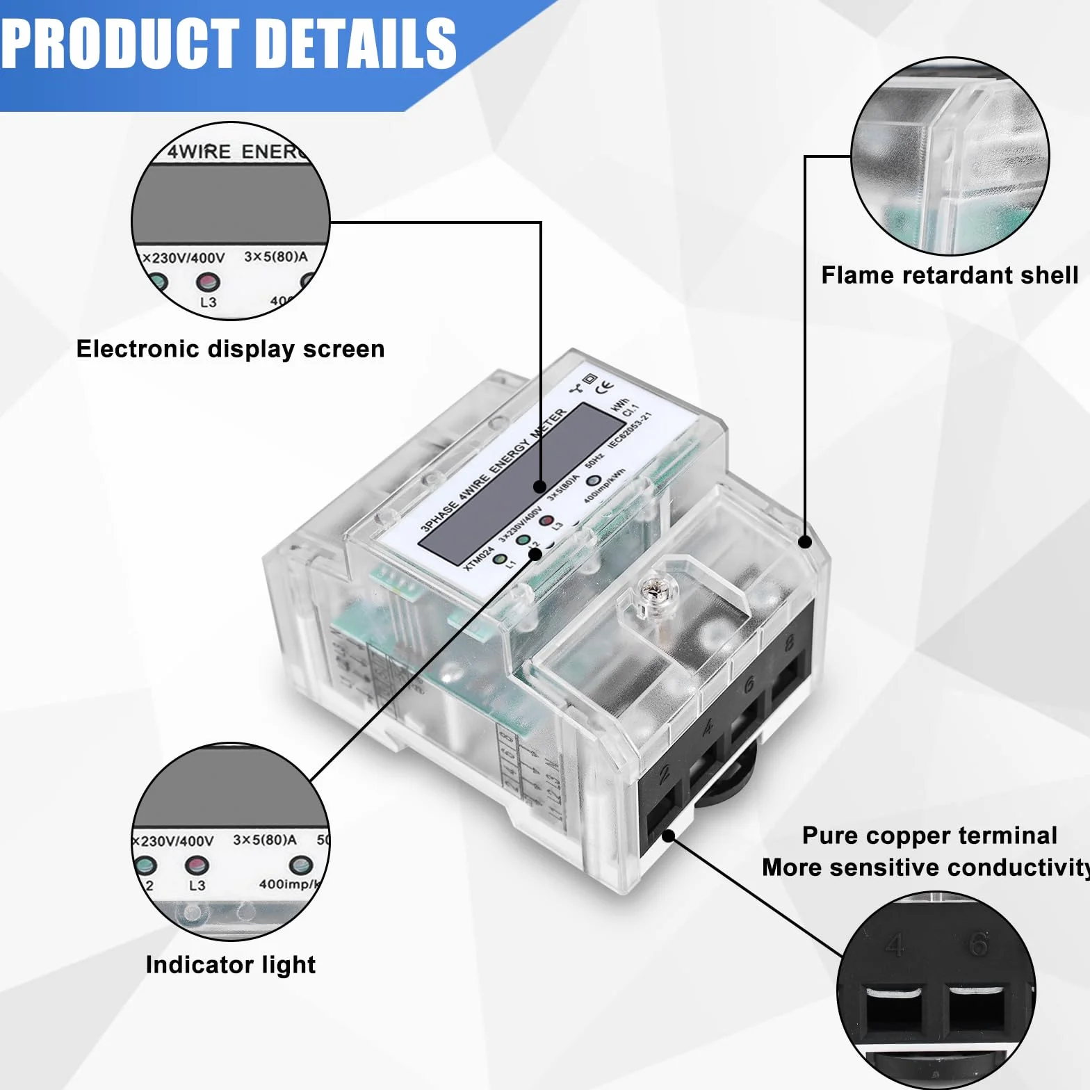 Licznik energii elektrycznej trójfazowy 3-fazowy 230/400 V 5-100 A szyna montażowa LCD