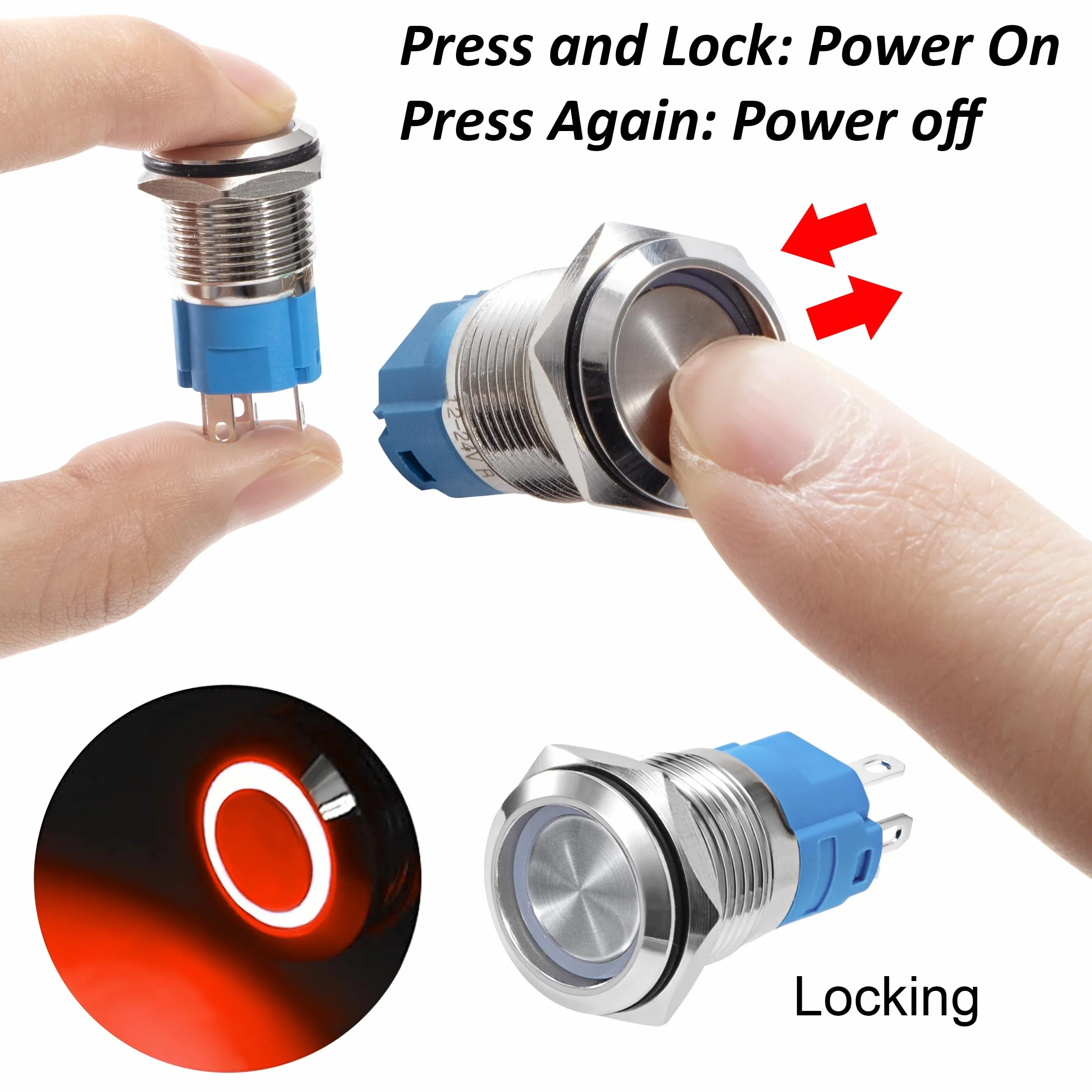 QIMEI-SHOP 5 sztuk Samoblokujący przełącznik przyciskowy 16 mm przyciski 12V-24V 3A Wodoodporne chromowane mosiężne przełączniki przyciskowe z czerwonym pierścieniem LED