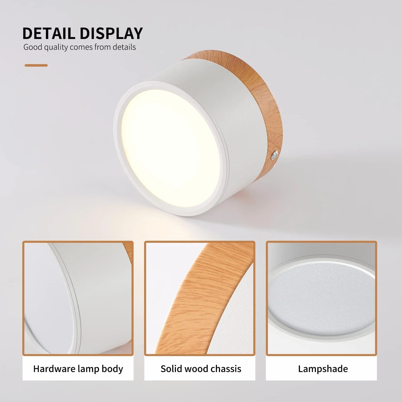 Lampa Sufitowa LED, Reflektor Natynkowy Dekor Drewniany, Mini Okrągła Biała Lampa Sufitowa, Ciepła Biel 3000 K, 12 W.