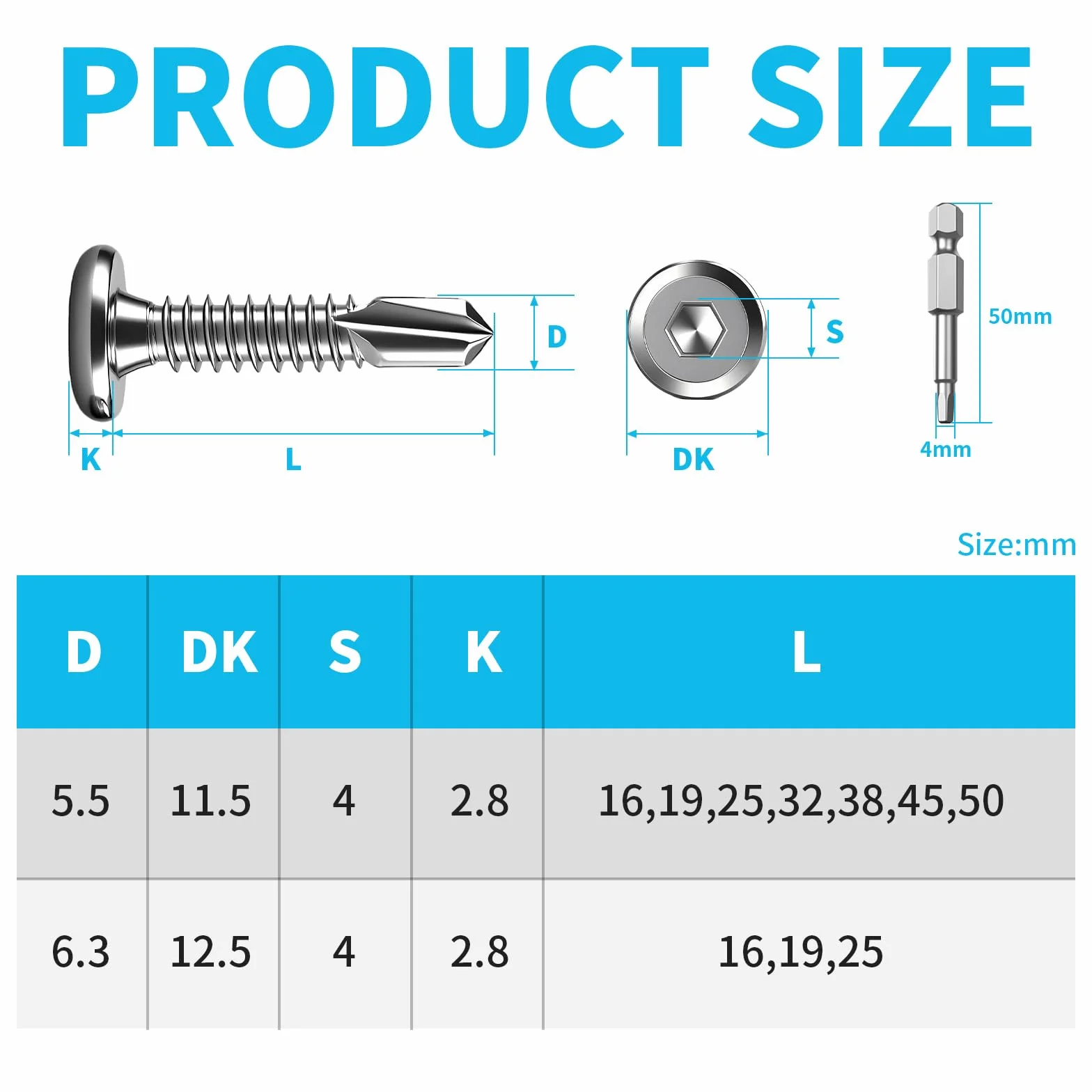 Wkręty Samowiercące do Metalu 5,5x19mm 410 Stali Nierdzewnej 60 sztuk