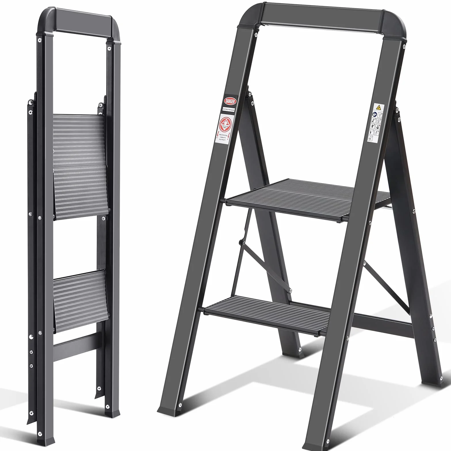 KINGRACK Drabina schodkowa 2 stopnie składana z poręczą antypoślizgowa aluminiowa 150 kg czarna