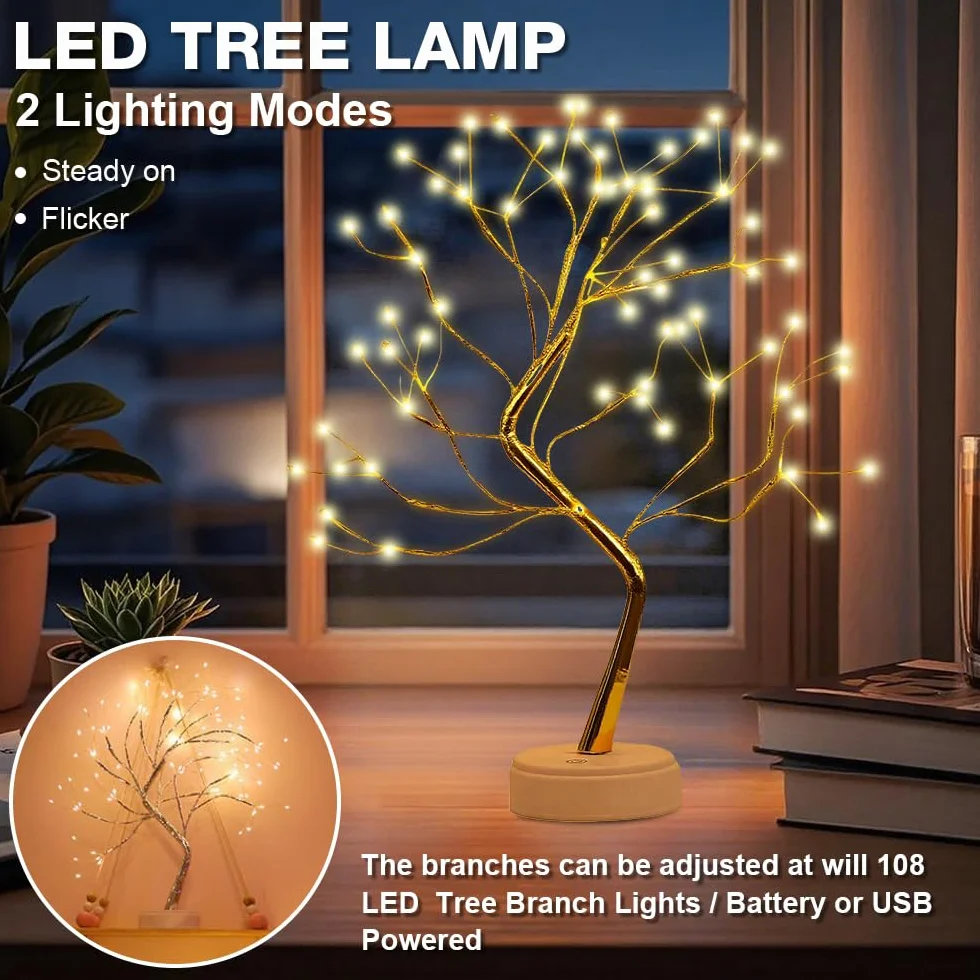 Drzewko świetlne LED, 108 lampek LED, lampka stołowa bonsai, dekoracja bożonarodzeniowa do wnętrz, ciepła biel, do domu, na wesele, festiwal, zasilanie USB/bateryjne